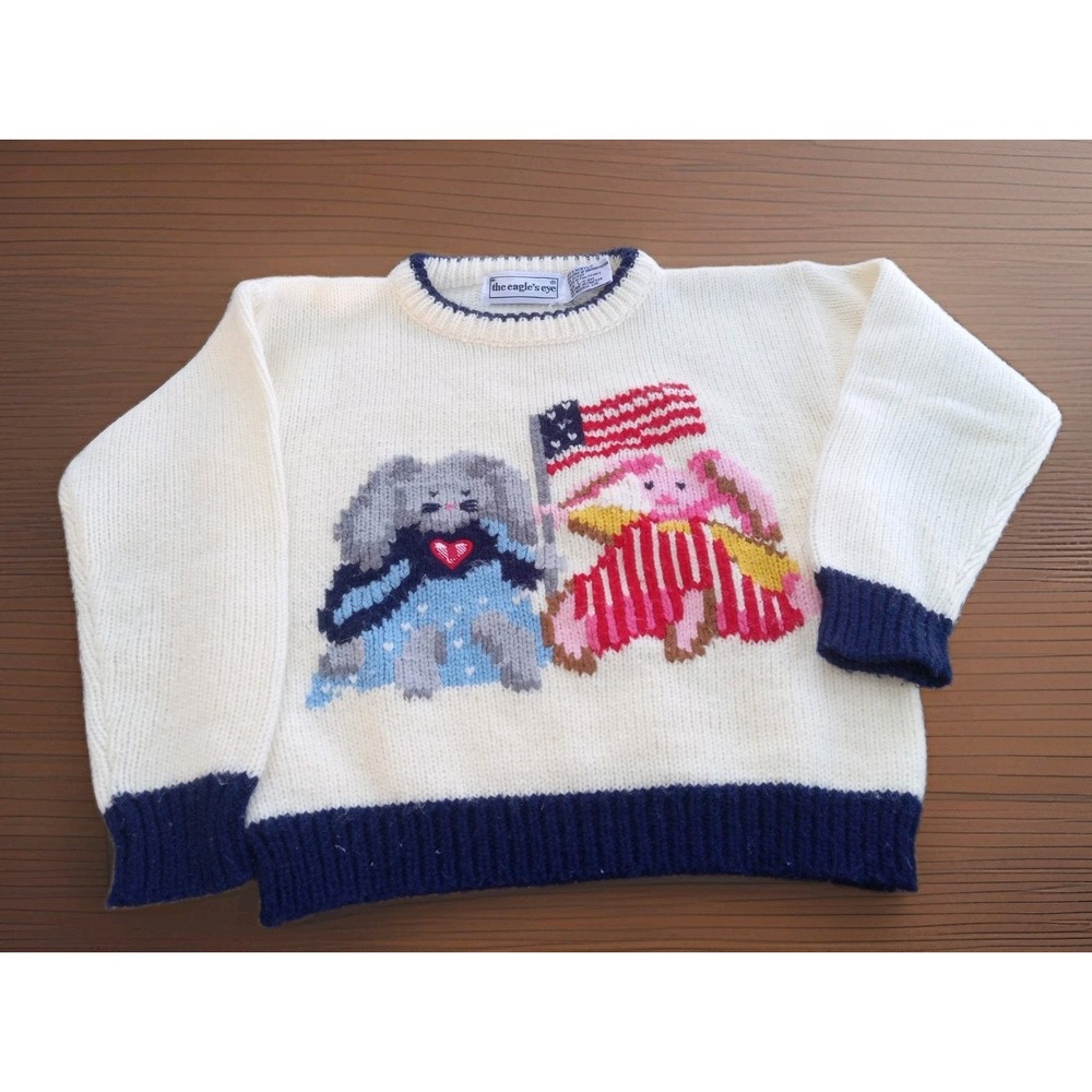 VTG Eagles Eye 80s 90s Patriotic Bunnies Flag Knit Sweater Sz L 6x Americana